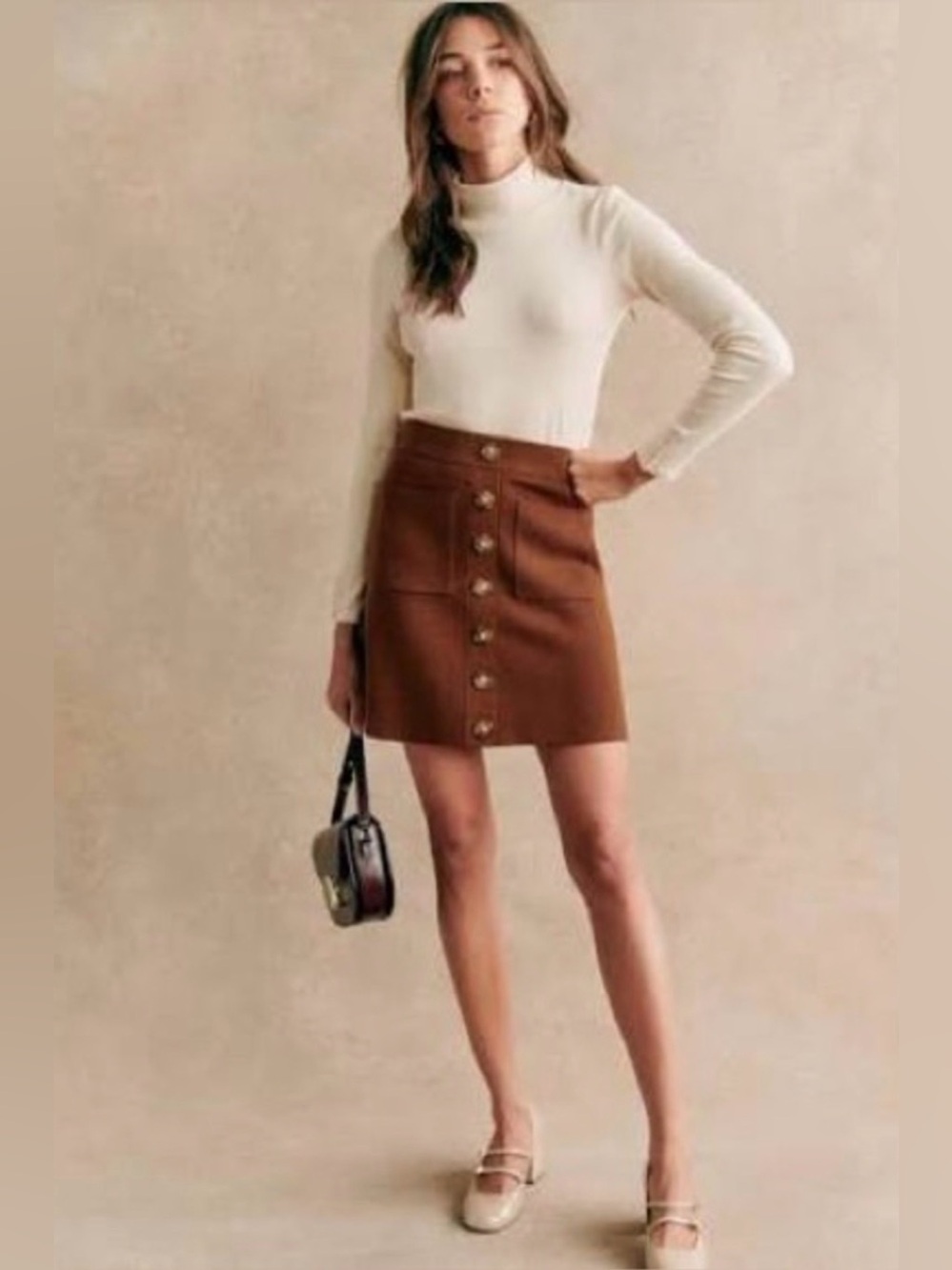 Sezane Luisa Button Front Merino Wool Mini Skirt in Hazelnut Size M $140